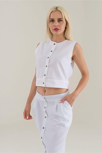 Bold & Young Women's White Color Buttoned Ribbed Sleeveless Cotton Vest