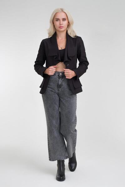 Bold & Young Жіноча куртка з бавовни та лайкри на ґудзиках, з рюшами та кишенями, чорного кольору