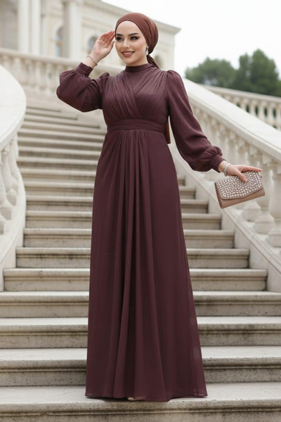 Neva Style Drape Detailed Brown Hijab Evening Dress 50921Kh