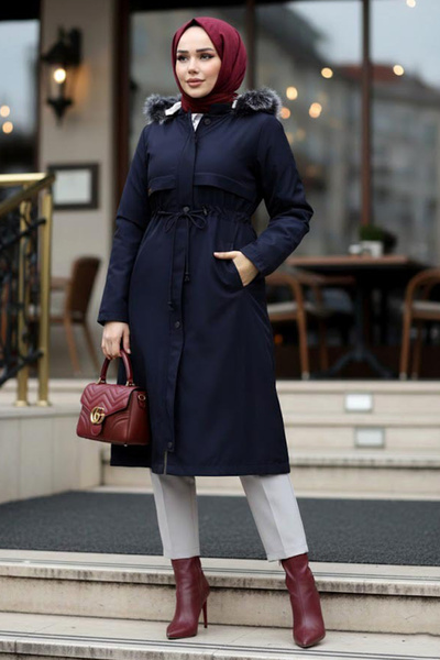 N.S NEVA STYLE معطف طويل بغطاء للرأس من الفرو باللون الأزرق الداكن 60650L