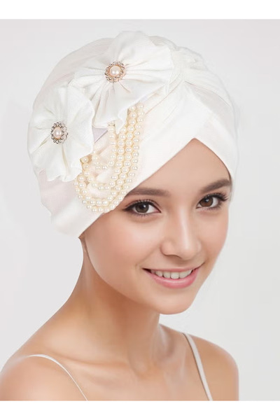 Laravel Women's Flower Pearl Hijab Undercap Elastic Turban Hat Headscarf - White