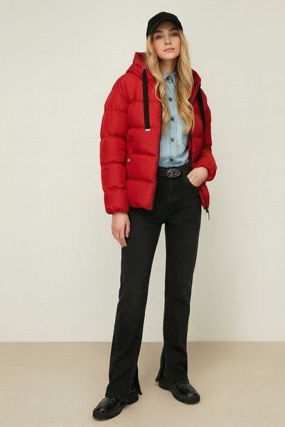 QAWWA Women's Red Hooded Fiber Windproof Puffer Winter Jacket