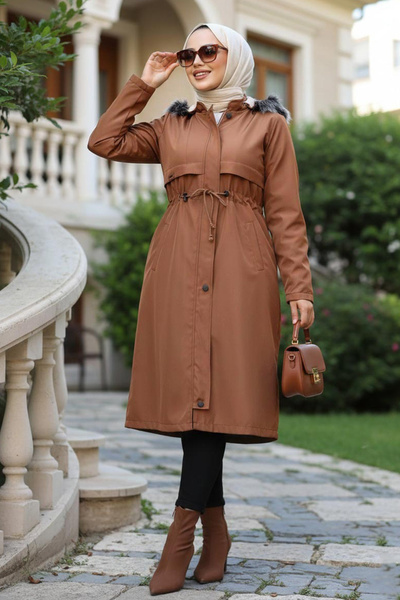 N.S NEVA STYLE Fur Hooded Tan Hijab Parka 60650Tb