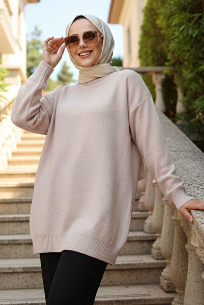 N.S NEVA STYLE Beige Hijab Knitwear Sweater Tunic 8824Bej