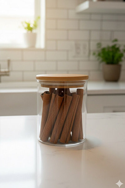 PERİNUVİA Borosilikat Cam Baharat ve Kuruyemiş Kavanozu Bambu Kapaklı, Sızdırmaz - 8.5 x 6.5 ölçü 2 Adet