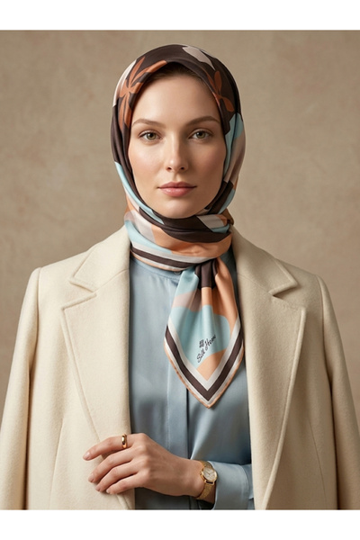 Silk Home Kadın Turkuaz Kahve Somon Geometrik Desen Twill İpek Eşarp 11400-12