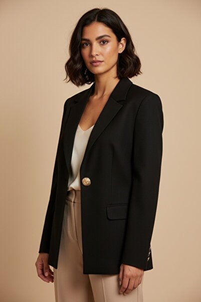 the blazer obsessed Women's Black Gold Buttoned Wide Collar Blazer Jacket