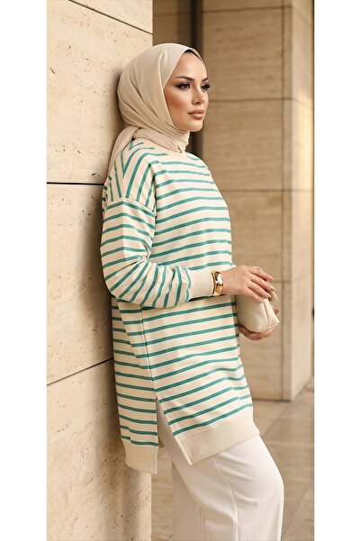 FABİMOD Γυναικείο εποχιακό φαρδύ λαιμόκοψη με ριγέ χιτζάμπ Αθλητικό μοντέλο εποχιακό τουνίκ