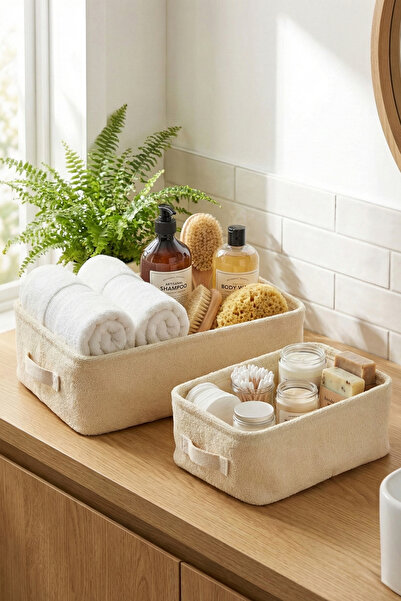 PH Prendi Home سلة تنظيم الحمام من قماش المناشف مكونة من قطعتين، صندوق تنظيم متعدد الأغراض مزخرف 37x27x10-30x22x10