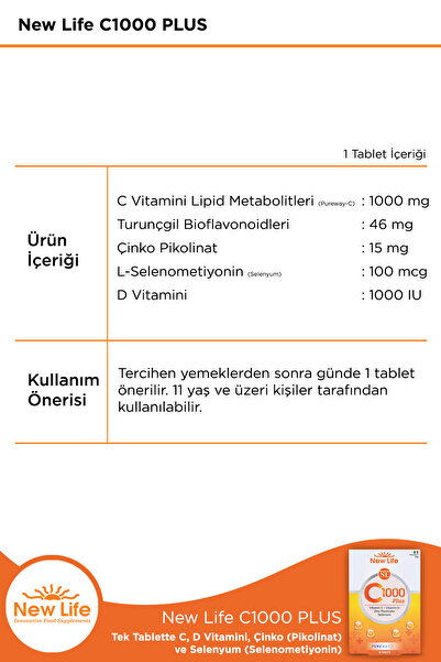 New Life C1000 Plus 30 Tablet C Vitamini + D Vitamini + Çinko Pikolinat + Selenyum
