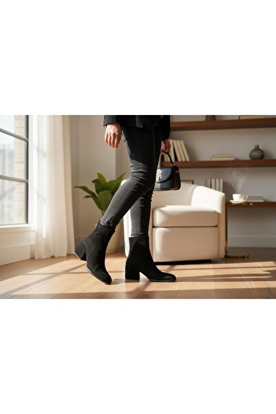 BAYRAMOĞLU KUNDURA حذاء نسائي يومي من جلد الغزال الأسود بكعب قصير وسحاب