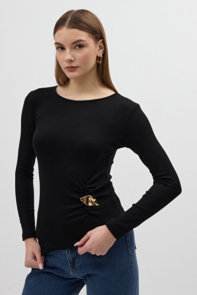 Rays Bluză neagră cu mânecă lungă cu detaliu cu cataramă în talie 8221A