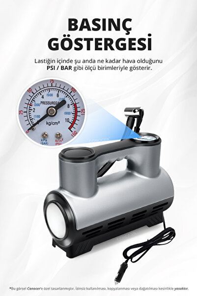 CONOCER Kompresör Lastik Şişirme Pompası 12V Çakmaklık Girişli Metal Motorlu Basınç Göstergeli