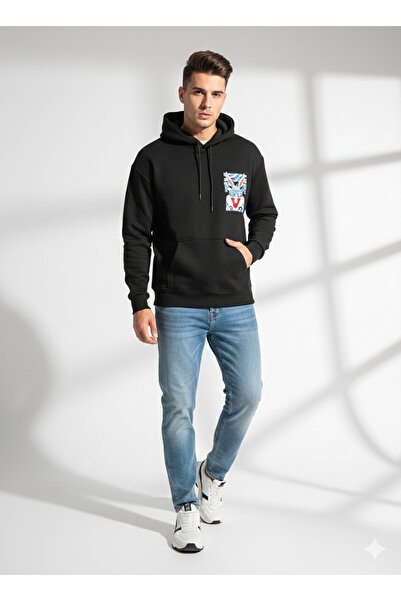 ribana Unisex 3-thread k Hooded soft touch b Printed pocket detailed sweatshirt