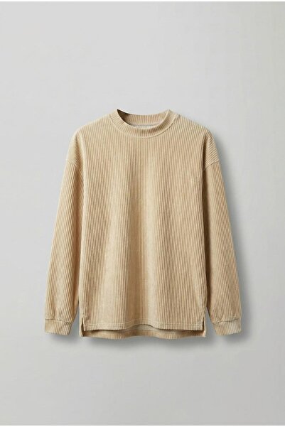 ablukaonline Erkek Oversize Yuvarlak Yaka Fitilli Kadife Sweatshirt Bej