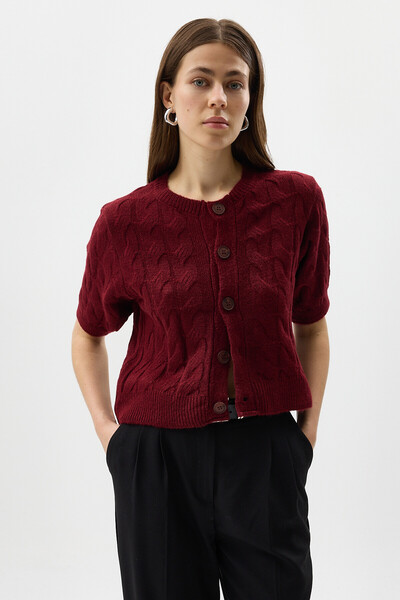 Rays Bordo Örgü Kısa Kollu Düğmeli Crop Kadın Hırka 2262