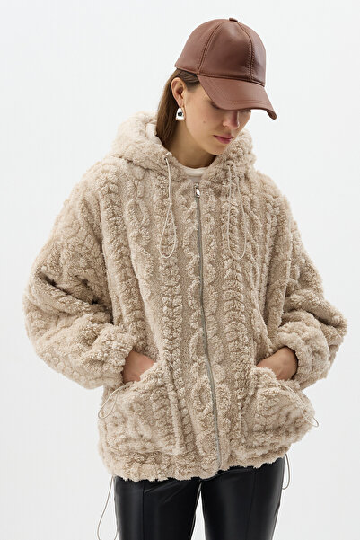Rays Ekru Fermuarlı Cepli Kapüşonlu Peluş Kadın Hırka Ceket 5061