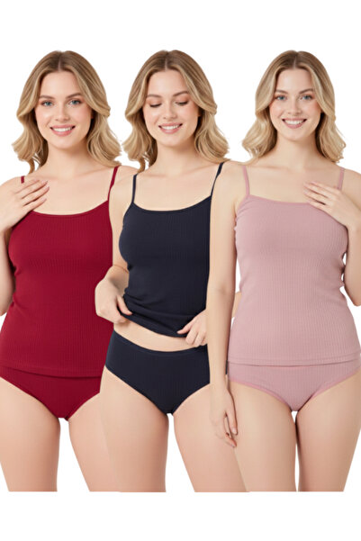 MrrMajestic Fitilli Kadın Atlet Külot Takım 3 Lü Pak. ( BORDO - GÜL - LACİ )