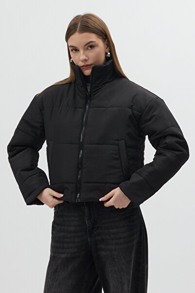 Rays Palton negru pentru femei, scurt, cu guler ridicat fermoare, 8000