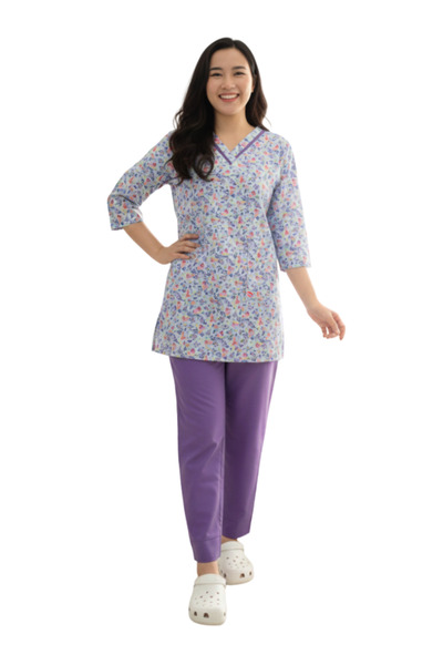 ABSHIR طقم خادمة/مربية/جليسة أطفال/خداما، مطبوع، بلوزة بياقة على شكل حرف V وأ...