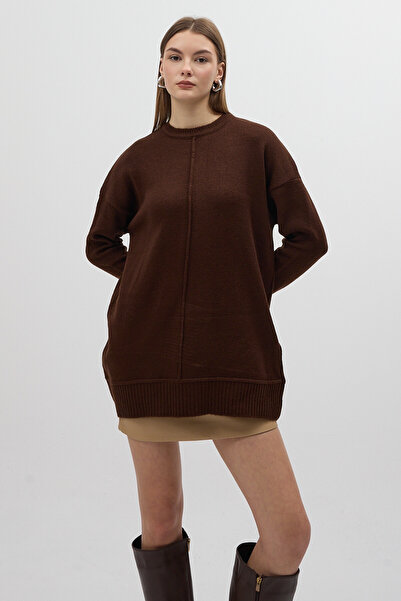 Rays Pulover pentru femei Bitter Brown guler rotund cu detaliu de cusut front...