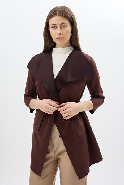 Rays Brown Waist-Tied Shawl Collar Women's Coat 8472
