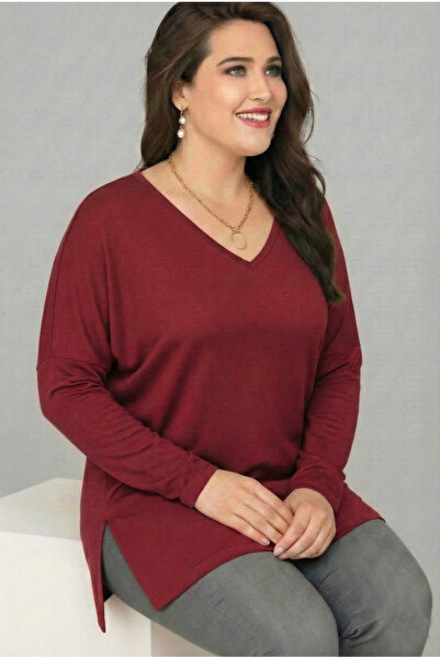 Curvy Trend Plus Size V-Neck Long Sleeve Side Slit Viscose Blouse