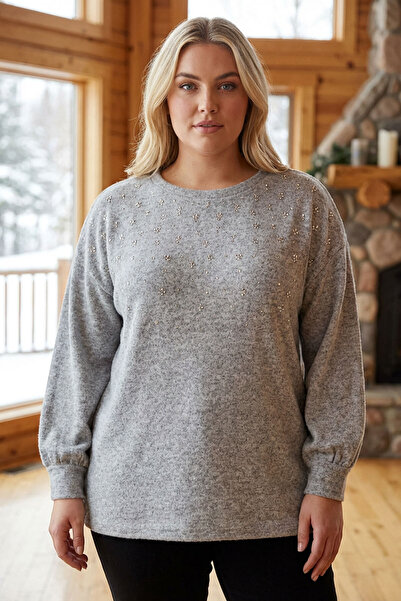 Stil Diva Plus Size Crew Neck Long Sleeve Stone Detailed Plush Sweater 285065