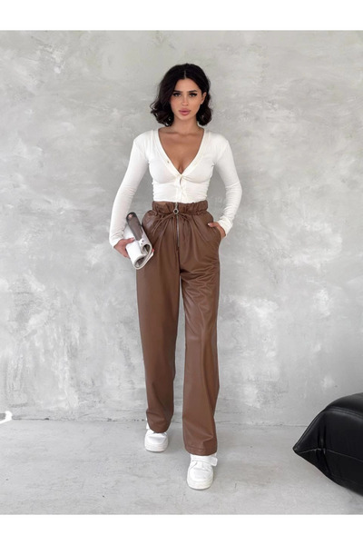 Zerenyus Self-Tightening Leather Pants with Thin Belt Brown