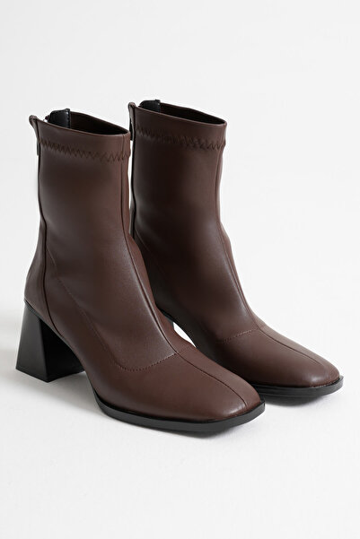 Zerenyus Elora Premium Acı Kahve Kalın Topuklu Streç Bot