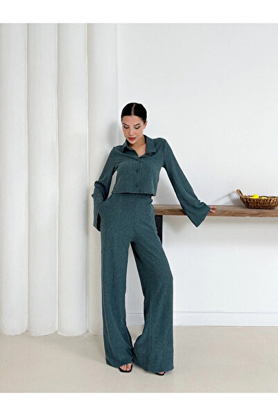 Zerenyus Shirt Collar Covered Button Suit Petrol Green