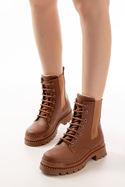 Zerenyus ZRİN-298 Premium Tan Lace-Up Elastic Daily Γυναικείες Μπότες