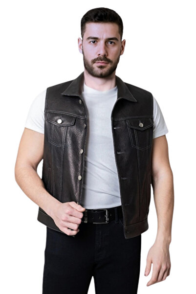 DERİJE İndiana Hakiki Jumbo Deri Erkek Biker Motorcu Tarzı Siyah Kot Model Yelek