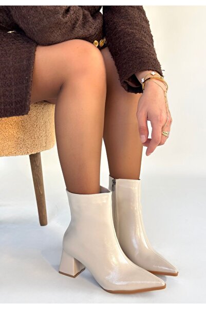 Zerenyus Cizme cu toc cu fermoar din piele lacuita Mosy Premium bej