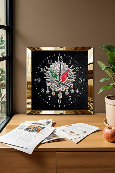 Zevahir Mobilya Dekorasyon Gold Framed Black Ottoman Tughra Themed Decorative Mdf Wall Clock
