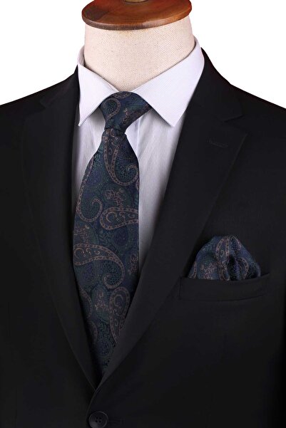 Kravatkolik Yeşil Şal Desen Mendilli Klasik Kravat KK13120