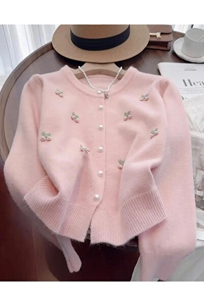 nathia outdoors Bisiklet Yaka Ekru Kiraz Detaylı Yumoş İnci Düğmeli Tatlı Hırka