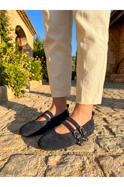 SALDA Genuine Leather Women's Navy Blue Suede Mary Jane Ballet Flats - Handmade Daily Comfortable Shoes