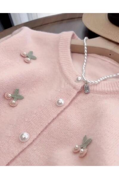 nathia outdoors Crew Neck Ecru Sweet Cardigan with Cherry Detail, Fluffy Pearl Buttoned