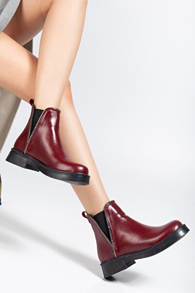 Zerenyus حذاء نسائي شتوي ZRİN-02 فاخر بلون أحمر داكن من الجلد المجعد مع أحجار...