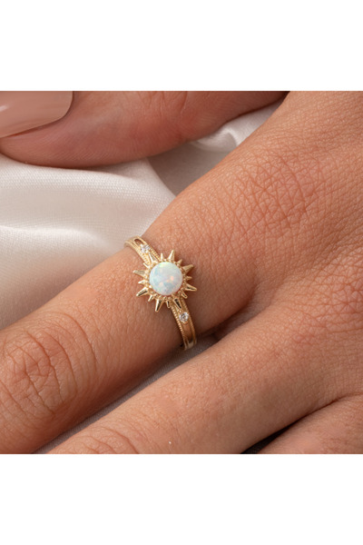FasekGold Gümüş Yüzük - Oval Kesim Opal Taşlı Güneş Tasarım 925 Ayar Gümüş Yüzük
