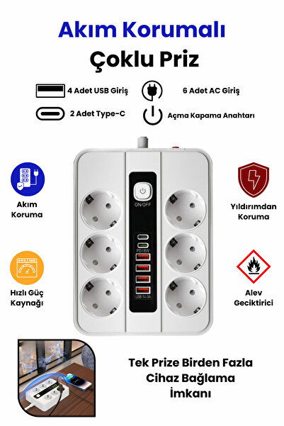 Yussraw Pro P11 6x Priz 3000W Termal Akım Korumalı 4x USB 2x Type-C Girişli Ç...