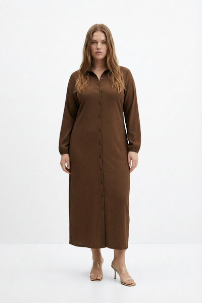 Mivoon Bürümcük Kumaş Gömlek Yaka Boydan Düğmeli Uzun Elbise Tesettüre Uygun 2XL 6XL