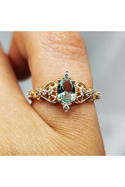 FasekGold Gümüş Yüzük - Fox 0.50 Karat Love Su Yeşili Prenses Rose 925 Ayar G...