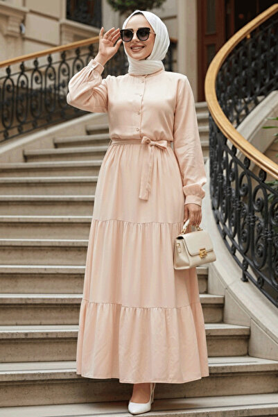 N.S NEVA STYLE Kat Piliseli Somon Tesettür Elbise 22042SMN