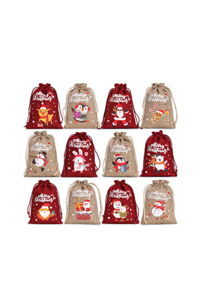 Choice 12 قطعة - 14×10×1.5 سم - 12 كيس هدايا عيد الميلاد مع رباط - أكياس كتان...