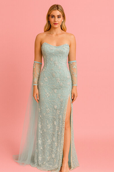 Hüseyin Baştürk SRAPLEZ BONCUK İŞLEMELİ DANTEL KOLLU ABİYE