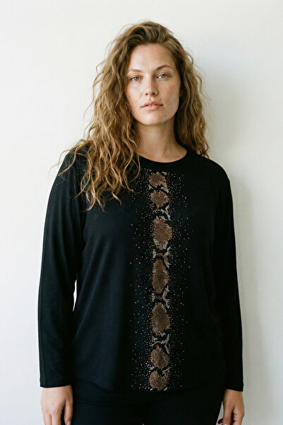 Mivoon Women's Plus Size Crew Neck Long Sleeve Stone Detailed Stretchy Blouse