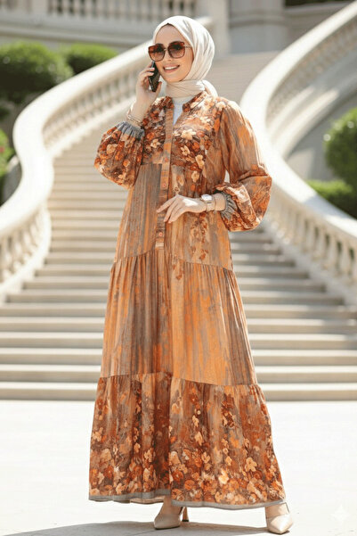 Neva Style فستان حجاب برتقالي منقوش بالزهور 18235T