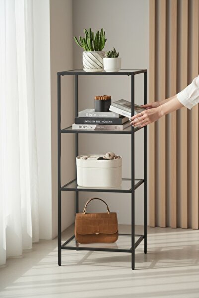 TOLIAHOME Modern Siyah Renk 4 Katlı Metal İskeletli Şeffaf Temper Cam Raflı K...